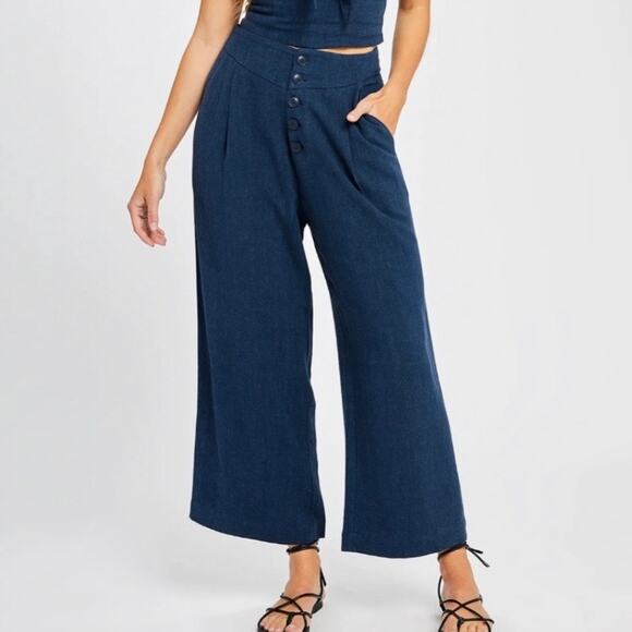 Gentle Fawn Pants - Gentle Fawn Navy Caesar Coastal Grandma High Waisted Linen Pleated Pants XS